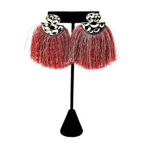 Boho Mauve Statement Fringe Earrings – Pierced, Silver Tone Textured Dome